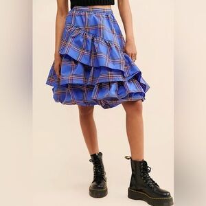 Anthropologie Maeve blue plaid tiered ruffle taffeta bubble skirt